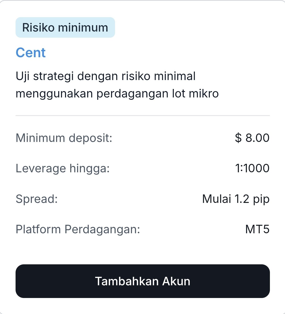 Pilihan akun Cent Valetax dengan platform MT5, minimum deposit 8 dolar, dan tombol Tambahkan Akun.