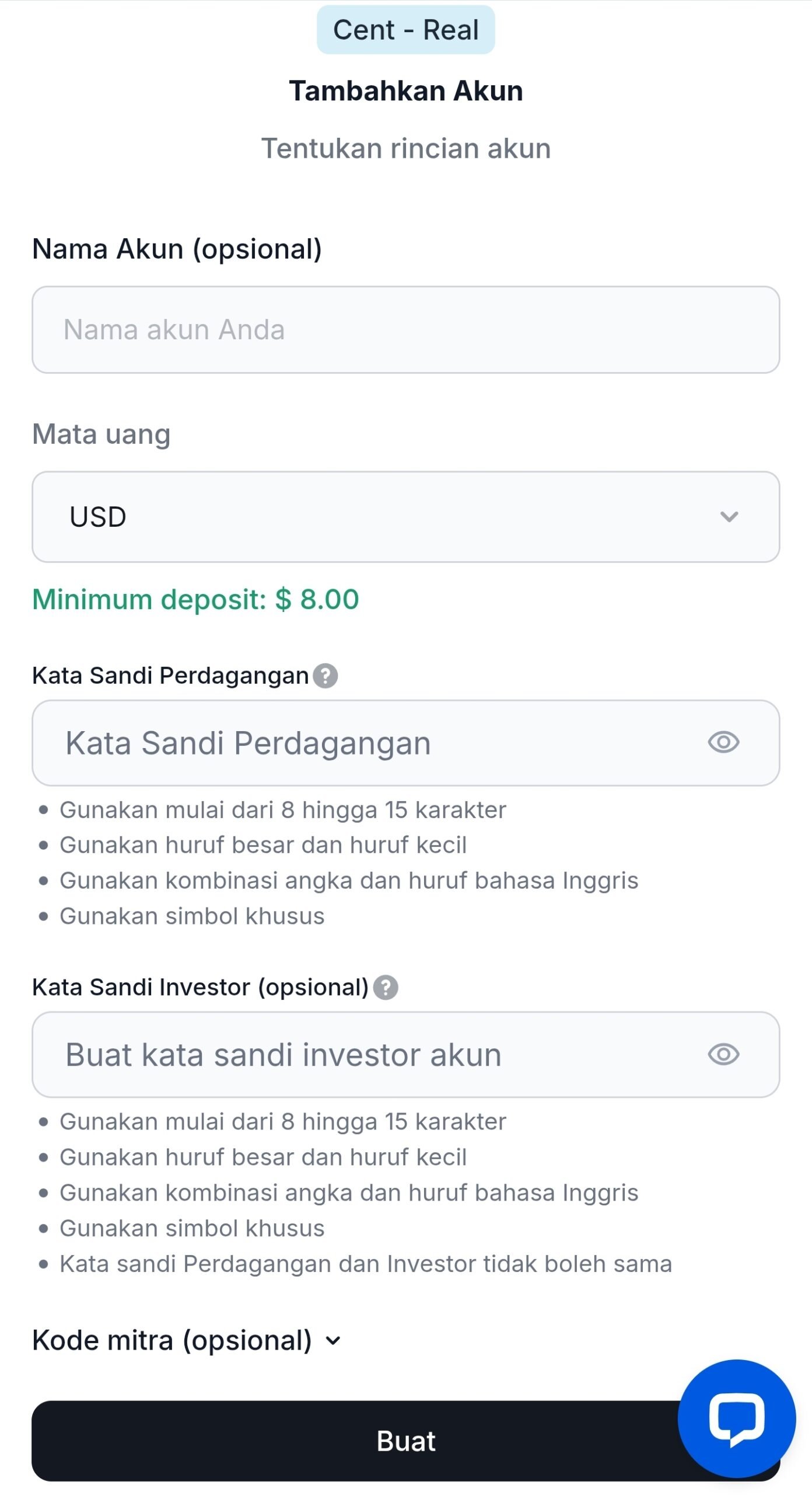 Formulir pembuatan akun Cent Valetax dengan kolom nama akun, mata uang, kata sandi trading, dan tombol Buat.