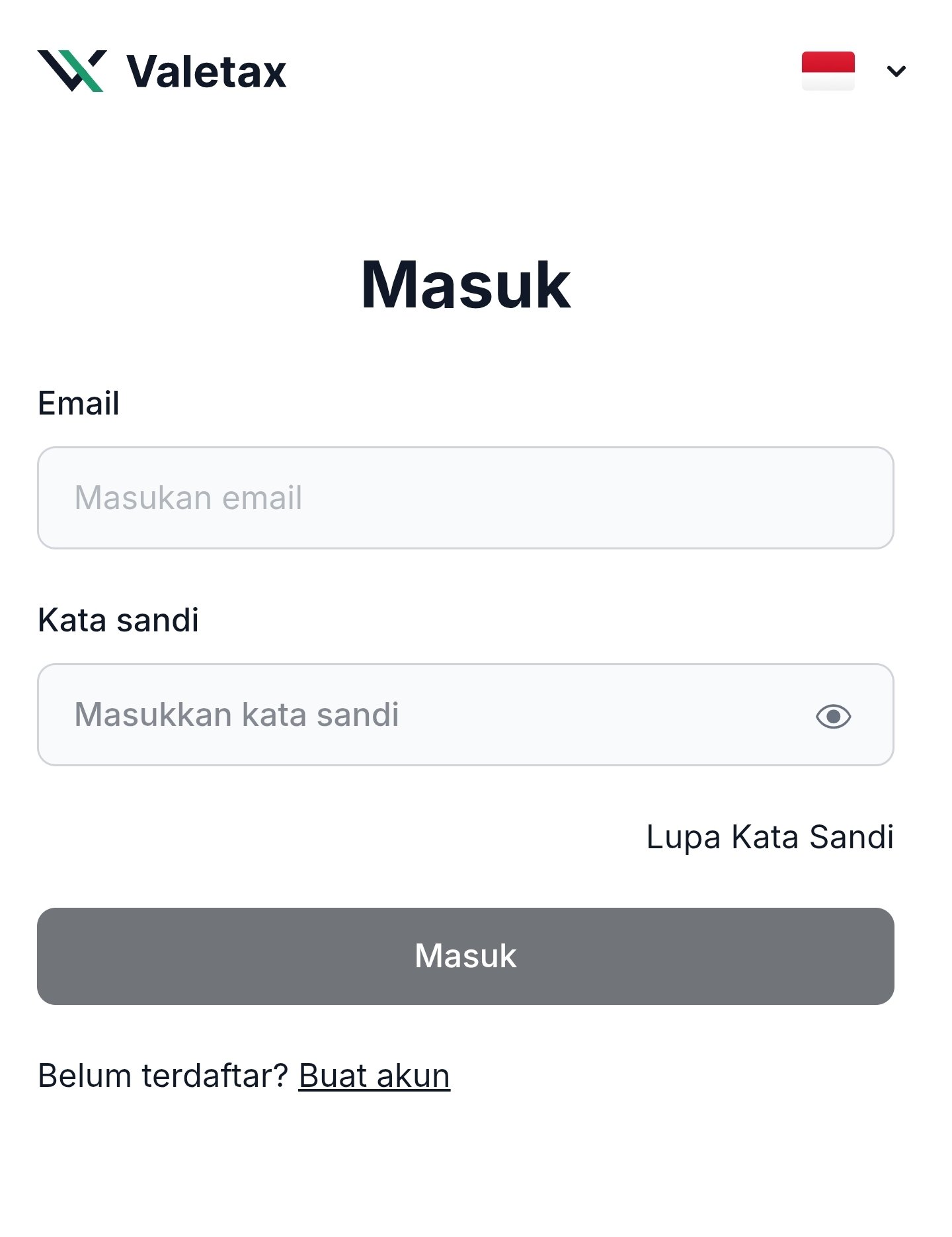 Halaman login Area Anggota Valetax dengan kolom email dan kata sandi profil.