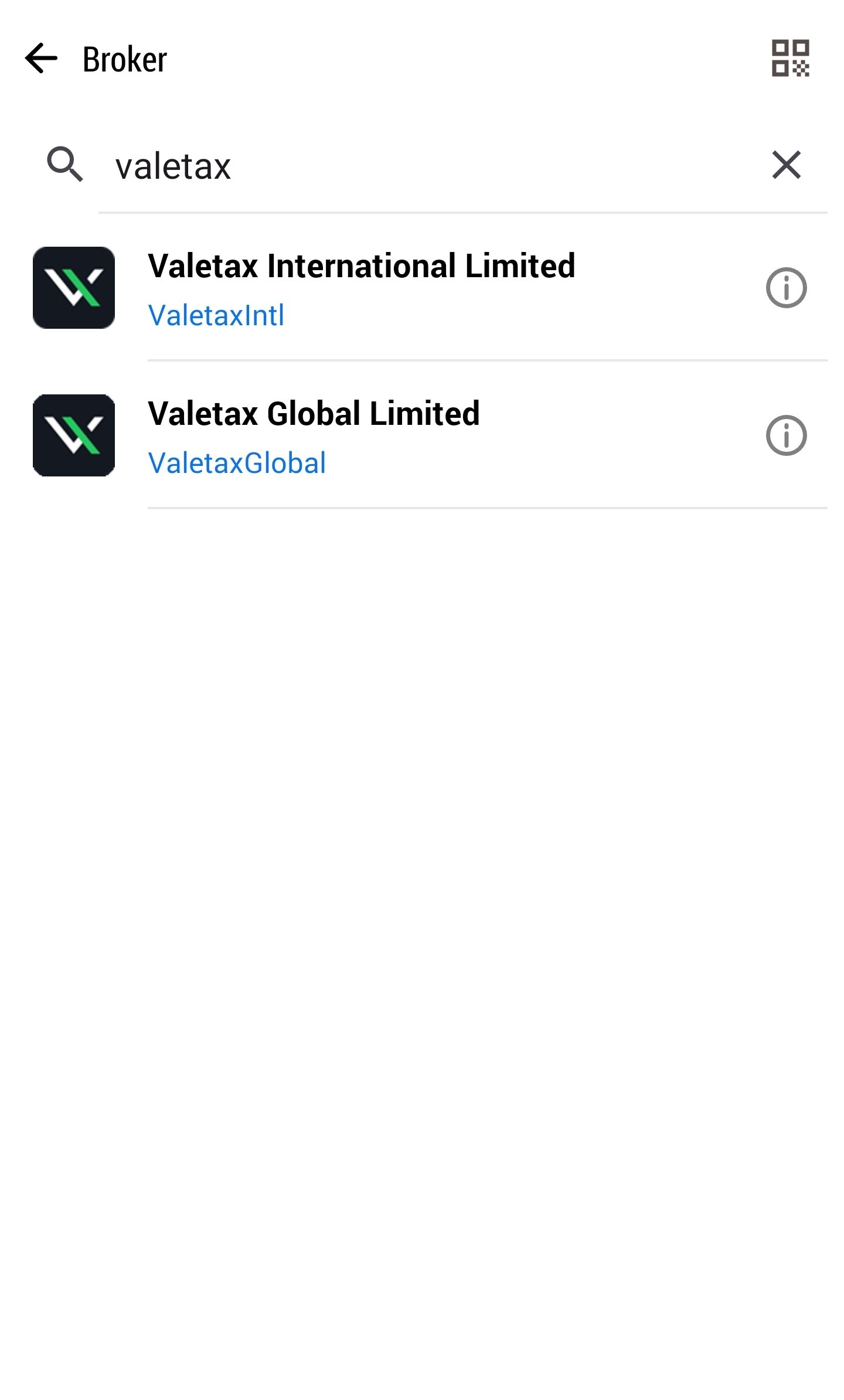 Hasil pencarian broker Valetax di aplikasi MT5 HP untuk memilih server akun trading.
