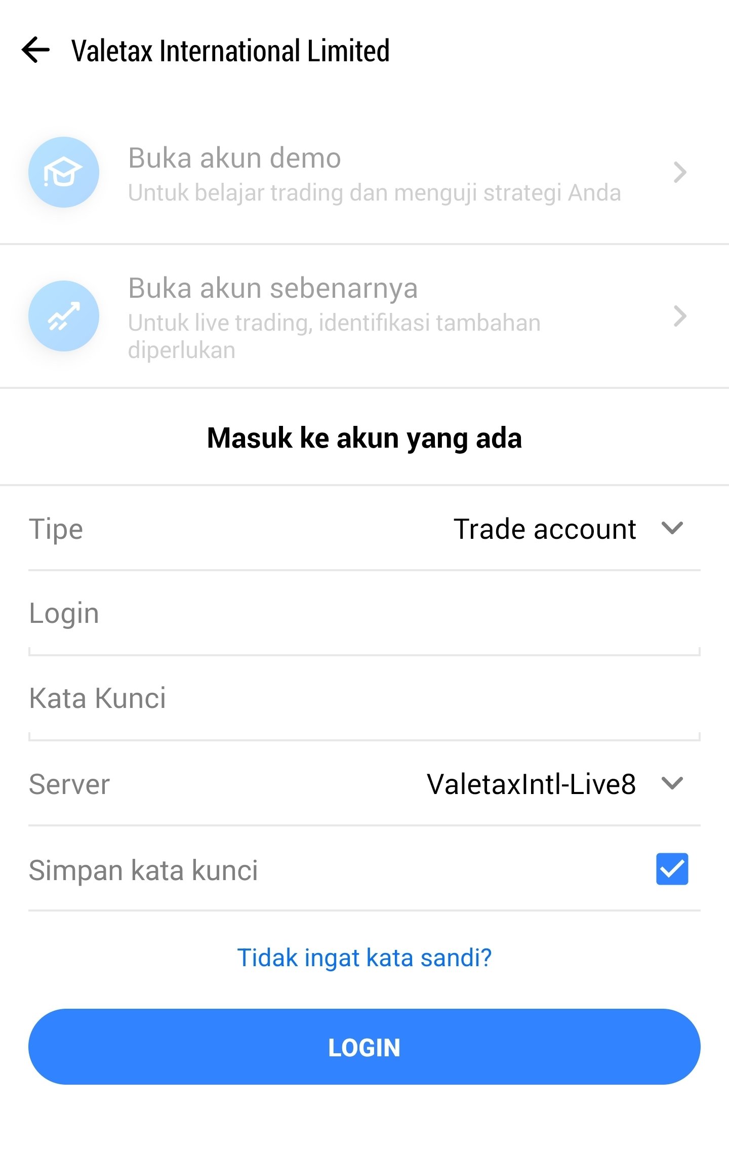 Formulir login akun Cent Valetax di MT5 HP dengan nomor akun dan kata sandi yang telah disensor.