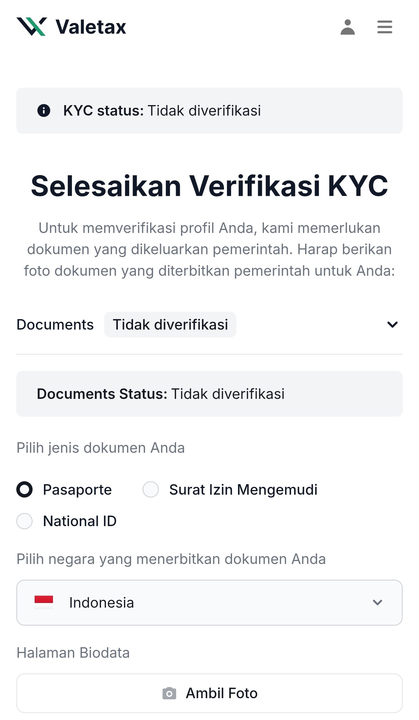 Halaman verifikasi Valetax dengan pilihan jenis dokumen identitas dan negara penerbit Indonesia.