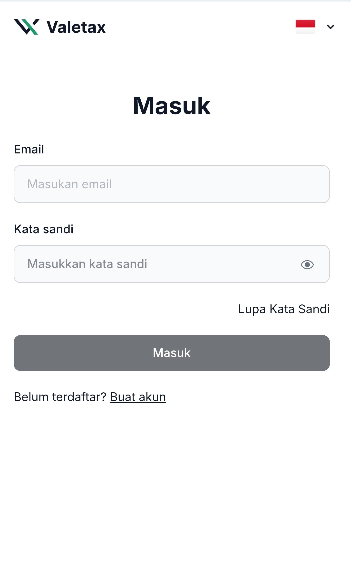 Halaman login Area Anggota Valetax dengan kolom email, kata sandi, dan tombol Masuk.