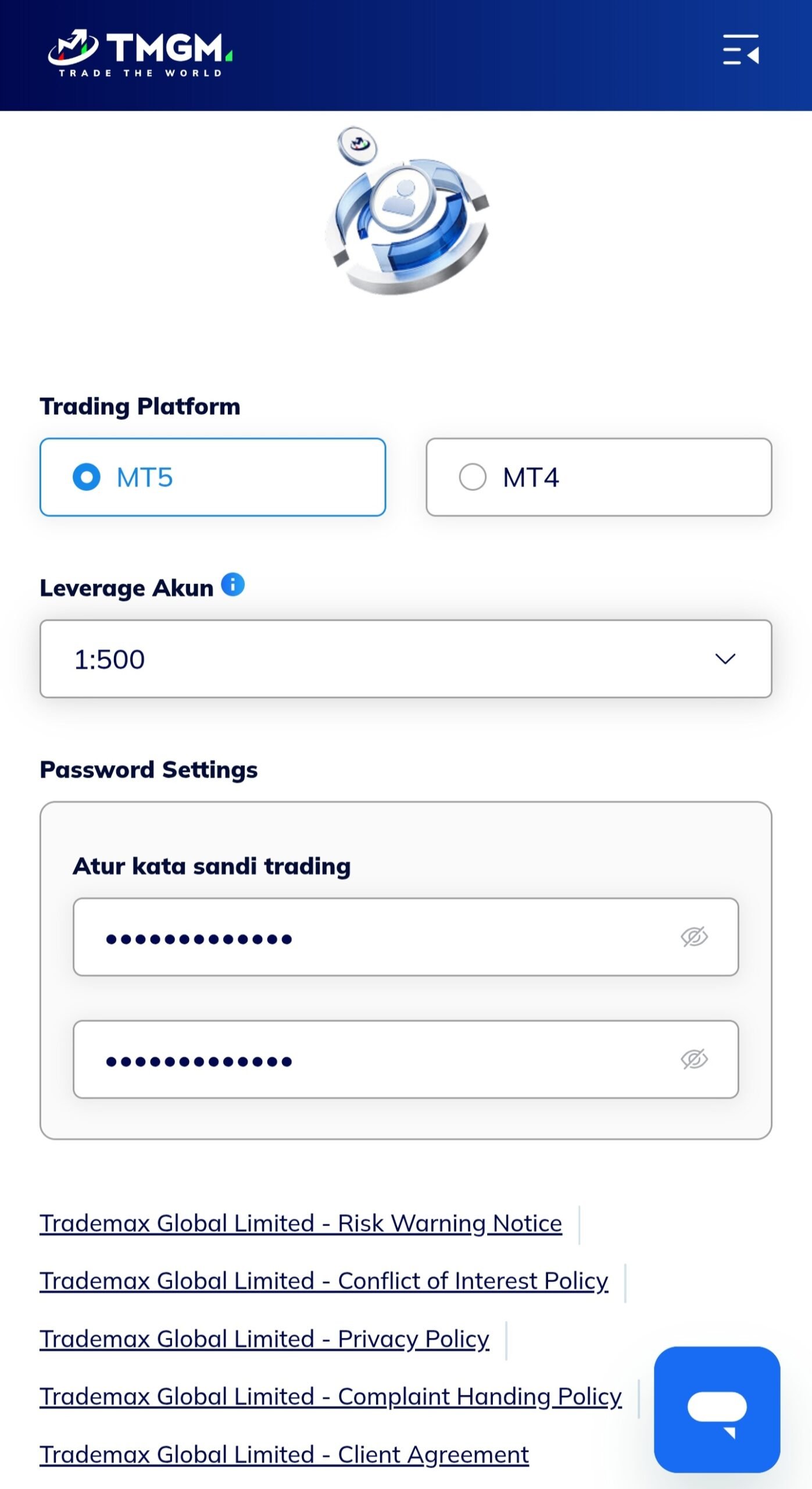 Pengaturan akun trading TMGM dengan pilihan platform MT5 atau MT4, leverage, dan kata sandi trading.