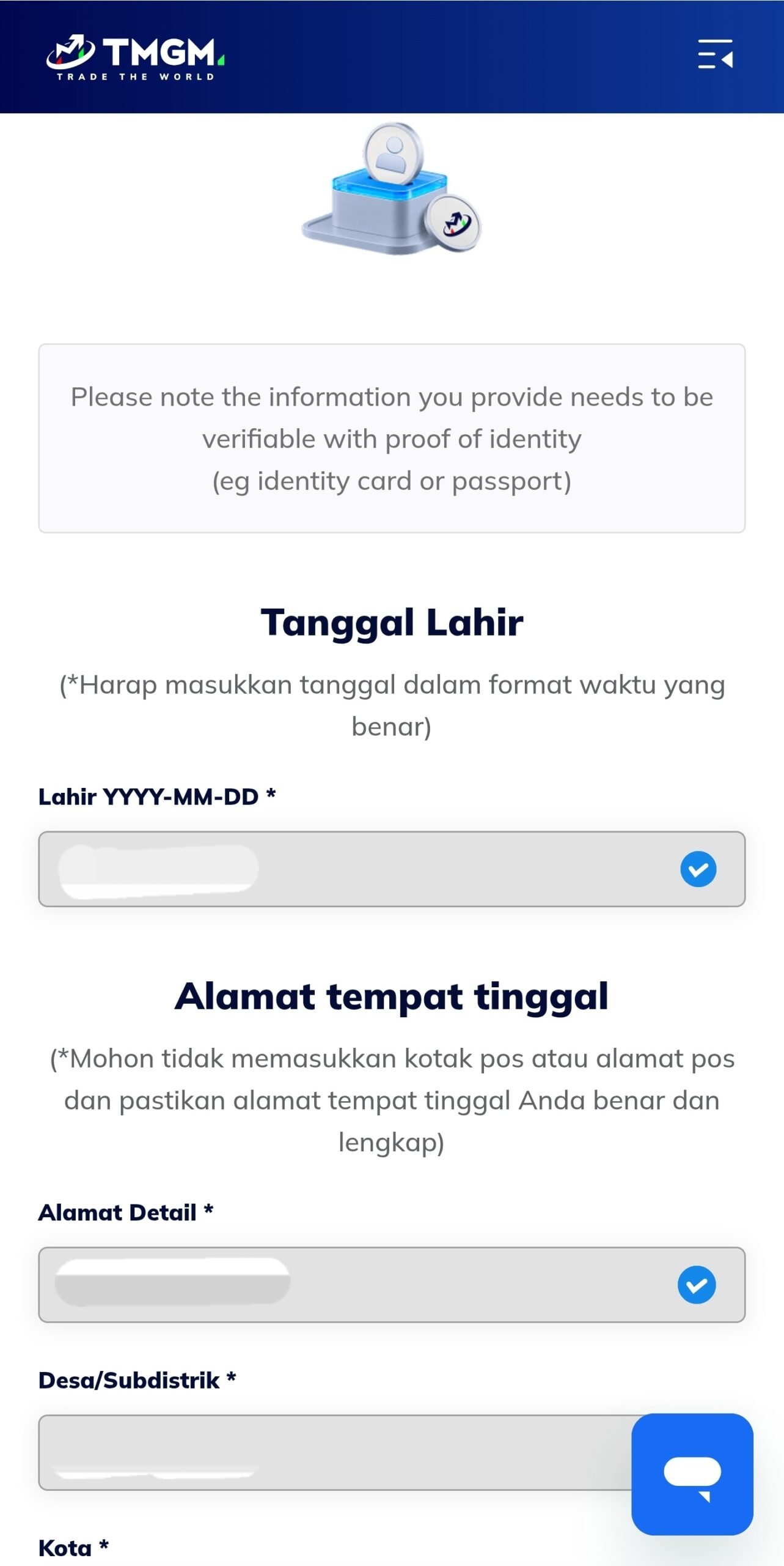 Formulir pelengkapan profil TMGM dengan kolom tanggal lahir dan alamat tempat tinggal.