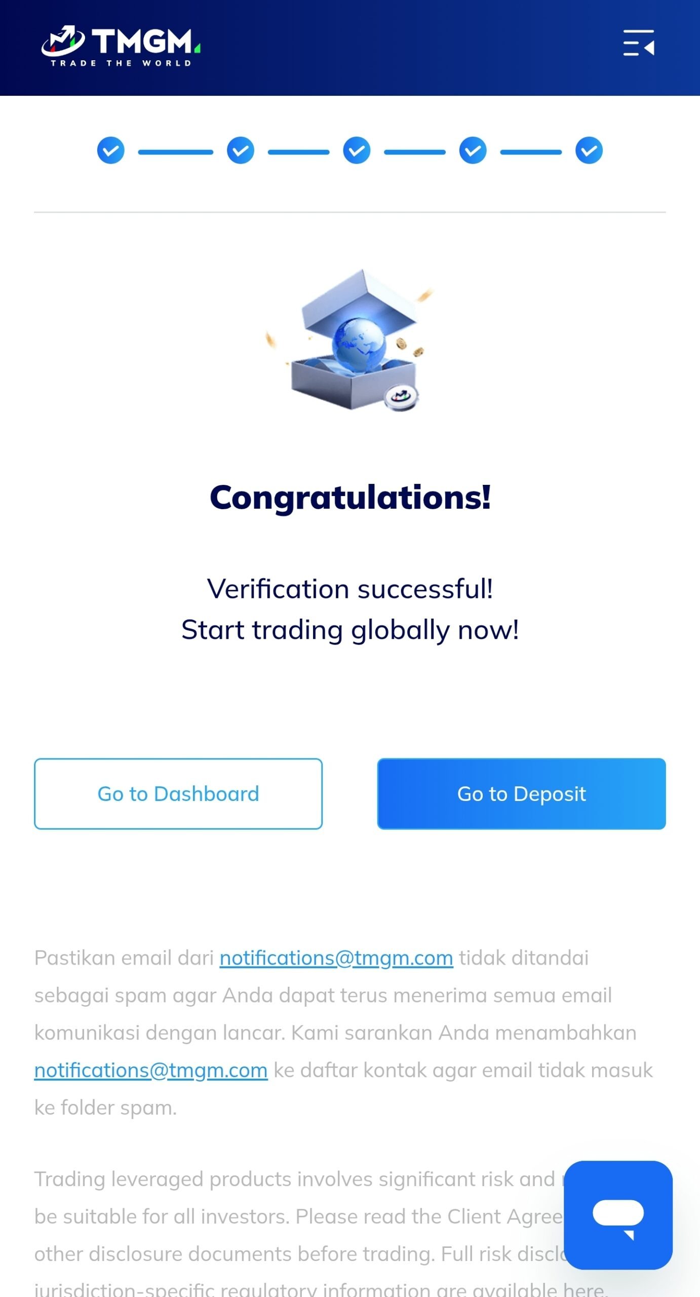 Pemberitahuan Verification successful pada TMGM dengan tombol menuju dashboard atau deposit.