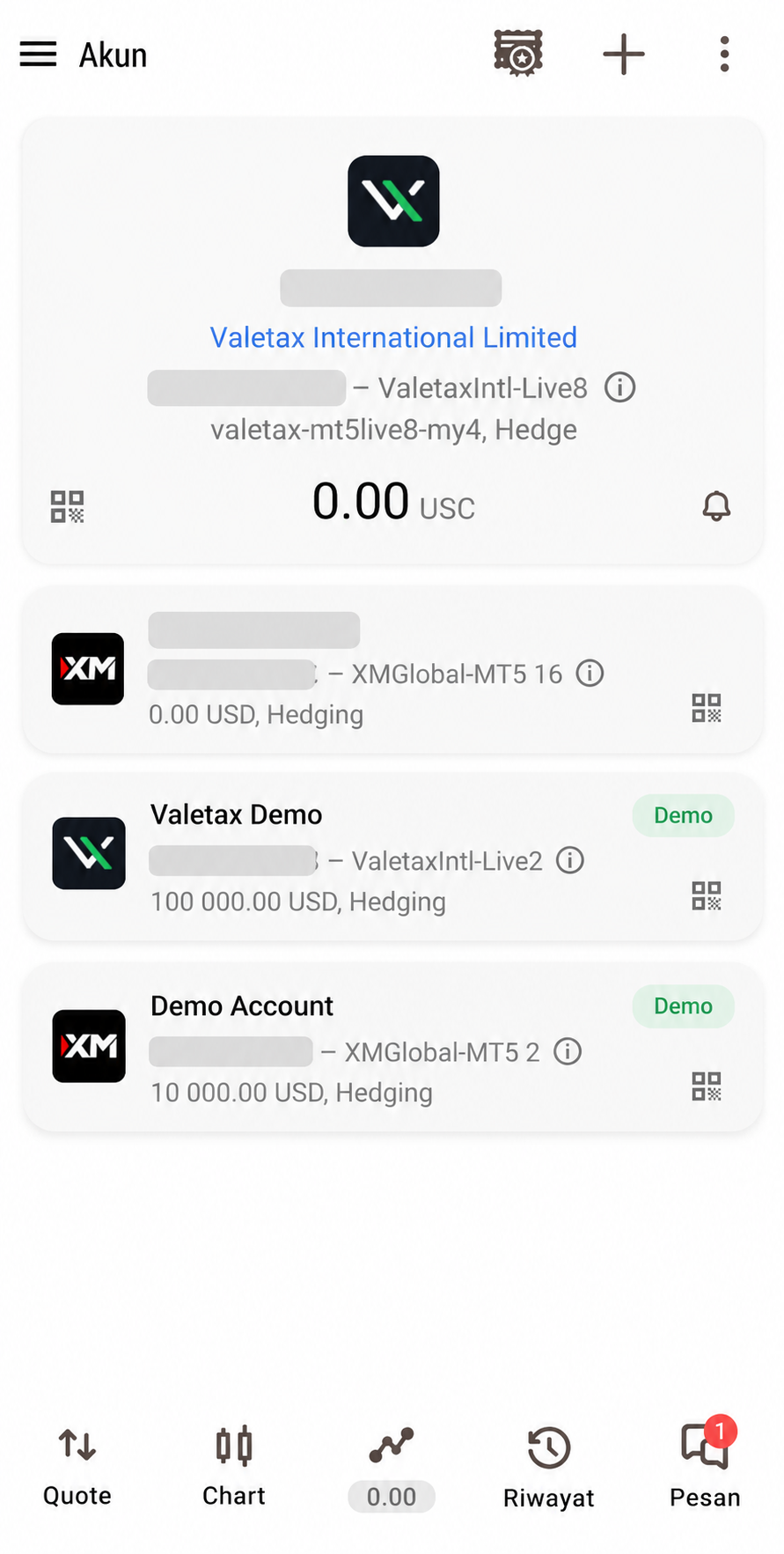 Tampilan daftar akun trading di MT5 HP dengan akun Valetax Cent aktif dan informasi pribadi telah disensor.