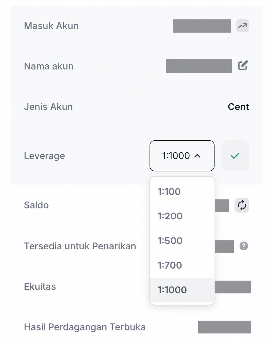 Pilihan leverage akun Cent Valetax dari 1:100 hingga 1:1000 dengan tombol centang hijau untuk menyimpan perubahan.