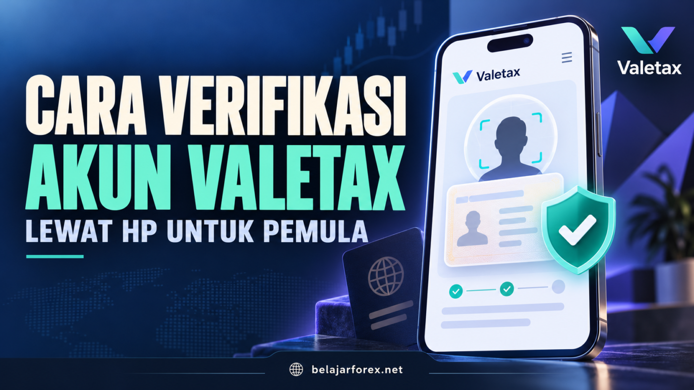 Ilustrasi cara verifikasi akun Valetax lewat HP dengan dokumen identitas dan ikon centang.