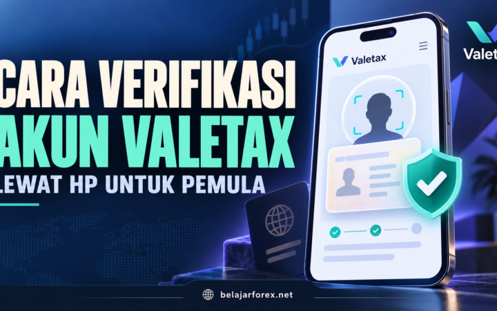 Ilustrasi cara verifikasi akun Valetax lewat HP dengan dokumen identitas dan ikon centang.