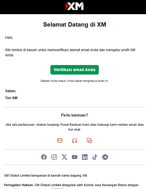 Email konfirmasi pendaftaran XM dengan tombol Verifikasi email Anda.
